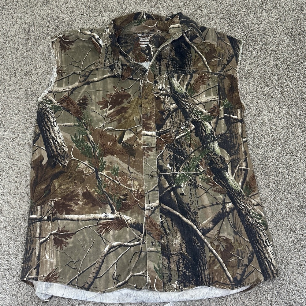 Vintage Realtree Workwear Gilet XL Overshirt Vest Camouflage Brown Cut Off